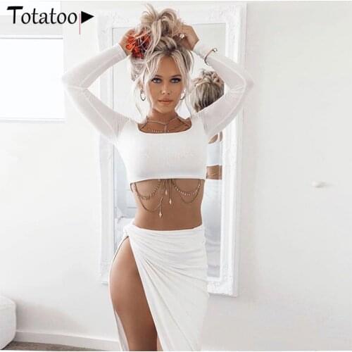 Totatoop Women 2 Two Piece Set Dress Off Shoulder Long Sleeve Crop Top And Knot Ruched Split Midi Skirts Sets Sexy Club Outfits