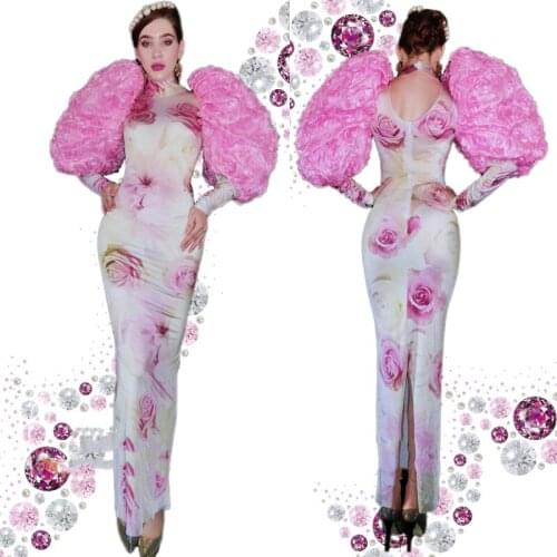 Nightclub DJ Stage Costumes Female Pink Rose Flower Print Puff Sleeve Long Dress Jazz Pole Dancing Performance Clothing DWY5334