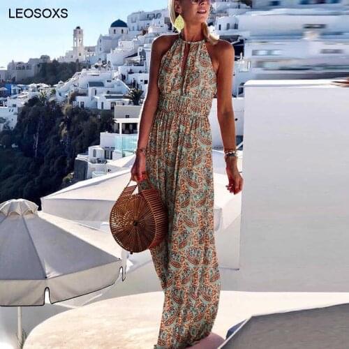 Womens Summer 2021 New Round Neck Open Back Sexy Print Dress Womens Sleeveless Loose Waist Casual Holiday Long Dress
