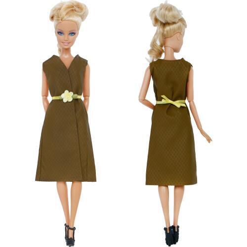 2 Pcs= 1x Handmade Fashion Brown Dress with Belt + 1x Black High Heels Shoes Summer Accessories Clothes For Barbie Doll Girl Toy