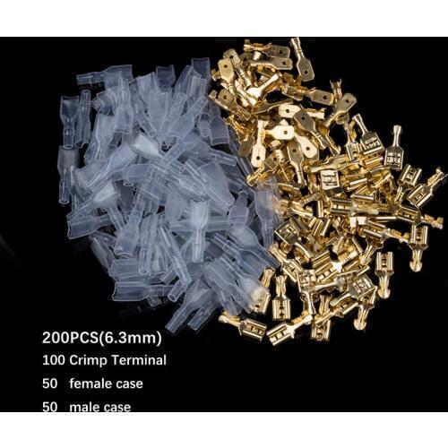 200PCS/100Pairs 6.3mm Female Male Spade Crimp Terminals Sleeve Wire Wrap Connector Gold & Transparent Wire Connector