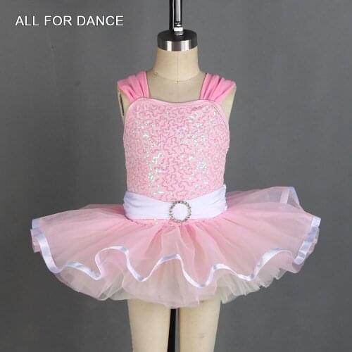 Pink Ballet Tutu Dress for Kids Dance Show Costume Sequin Boidce Leotard Dress with Ribbon Trim Dancing Dresses 20187