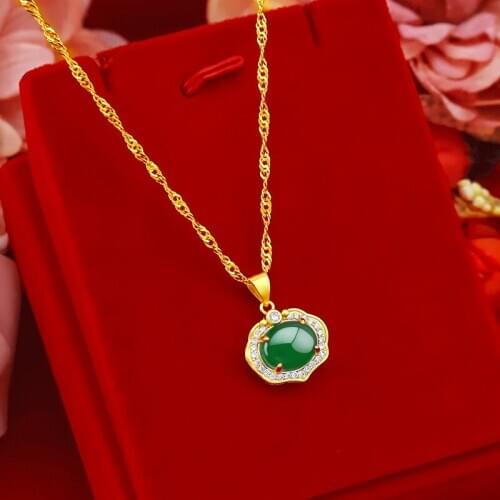 FASHION 24K GOLD CHAIN NECKLACE PENDANT FOR WOMEN GEMSTONE JEWELRY GREEN EMERALD STONE ZIRCON JADE CLAVICLE NECKLACE CHOCKER