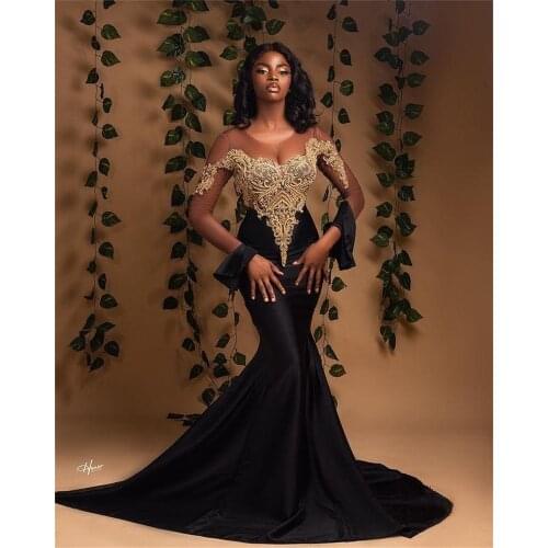 Black Mermaid Scoop Sweep Train Satin Long Sleeve Celebrity Dresses With Beading Applique