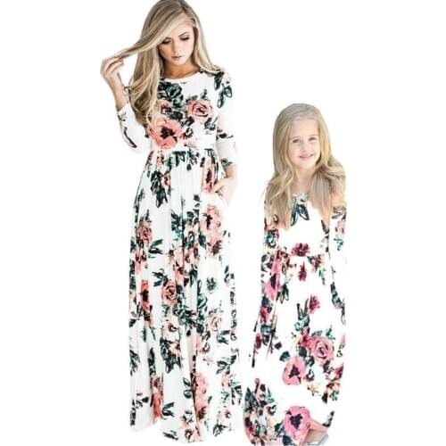 COSPOT Mother and Daughter Long Beach Floral Dress Mom and Little Girl Dresses Women Party Family Matching Dresses 2021 New 40