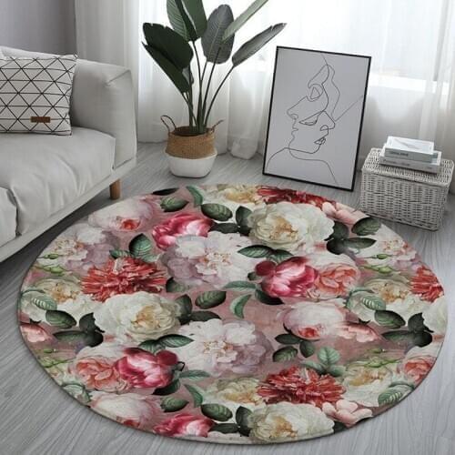 Beautiful childrens round floor mat rose flower sunflower peony flower round art non-slip floor mat bedroom kids playing games