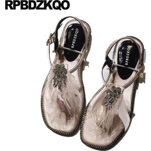 Crystal Shoes Thong T Strap Rhinestone Satin Ladies Diamond Jewel Embellished Soft Feather Women Sandals Flat Summer 2018 Pink