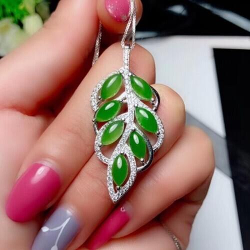 CoLife Jewelry Silver Leaf Pendant for Daily Wear Natural Green Jade Pendant 925 Silver Jade Jewelry Gift for Woman