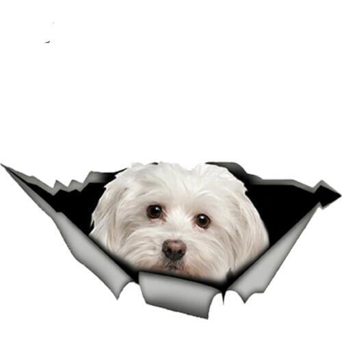 Cute Maltese Car Sticker Pet Dog Car Decoration Torn Metal Decal Reflective Sticker Waterproof Car Styling