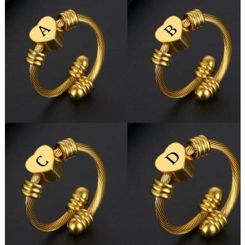 Fashion Girls Gold Stainless Steel Cable Ring With Letter Heart Engraved Initial Alphabet Charm Rings for Women Wedding Jewelry