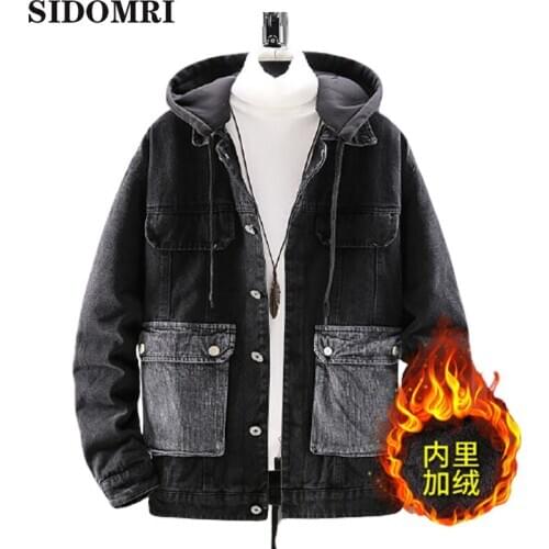 Winter and autumn mens denim jacket with a velvet thickened hoodie jacketslim-fit plover warm top for male