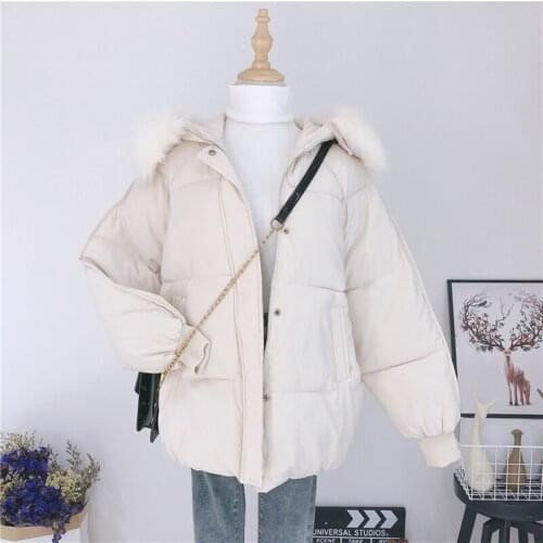 New Parkas Jacket Women Winter Faux Fur Collar Hooded Thicken Korean Version Warm Loose Down Cotton Female Coats Snow Outwear