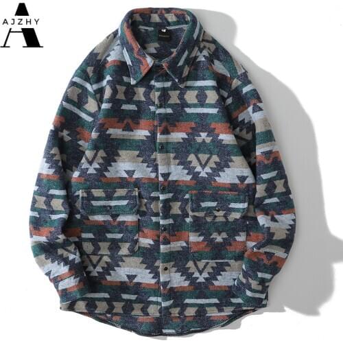 AJZHY Autumn Winter Shirt Jacket Flannel Long Sleeve Geometric National Style Thick Harajuku Streetwear Oversized Button Shirts