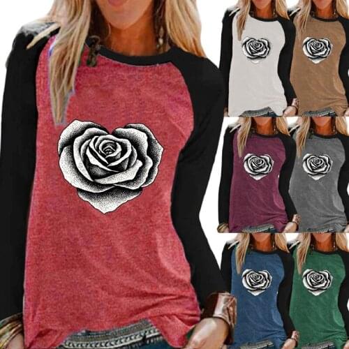 Autumn Fashion Womens Rose Flowers Printing Sweatshirt Casual Round Neck Raglan Sleeves Loose Plus Size T-shirt Tops XS-5XL
