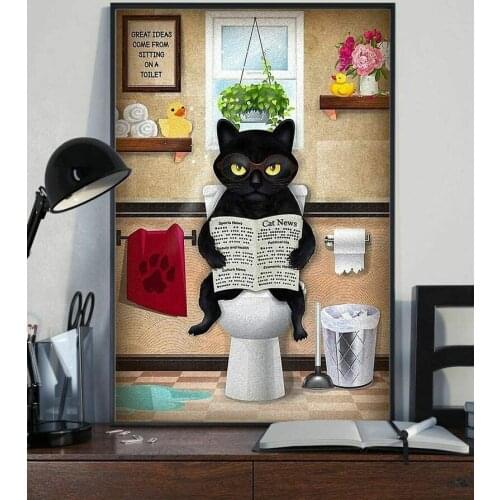 Great Ideas Come from Sitting On A Toilet Black Cat Reading News Metal Tin Sign Valentines Day Decoration Room Decor Gifts