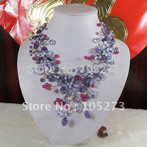 Stunning! Multicolor Crystal & pearl&Amethysts Fashion Womens Jewellery Beautiful Flower Necklace Hot Sale Free Shipping A2638