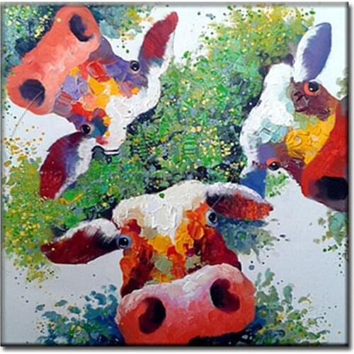 Hand Painted Colorful cow Oil Painting funny coll cartoon caw Paintings Modern Abstract green farm Wall Pictures cattle Canvas
