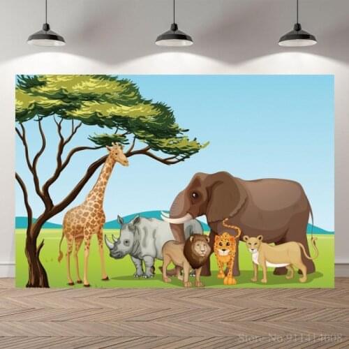 Safari Animals Trees Cartoon Photography Background Kids Birthday Party Table Wall Decor Backdrops Vinyl Poster Layout