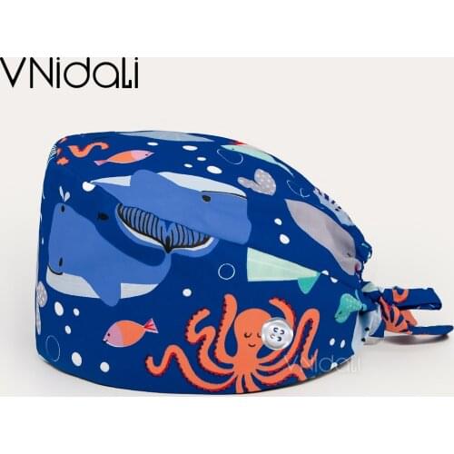 High Quality cartoon printing Breathable cotton Adjustable Scrubs Cap with Button cap work hats Scrub Cap for Male and Women