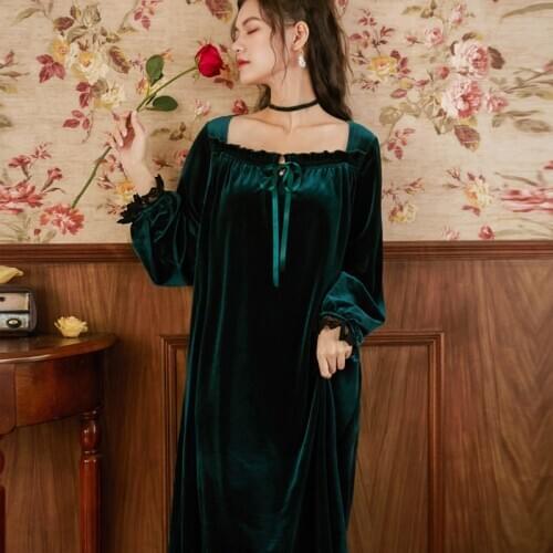 Green Velvet Nightdress Princess Night Dress Woman Sleepwear Long Womens Dresses 2020 Winter Clothing Female Phoentin FG262
