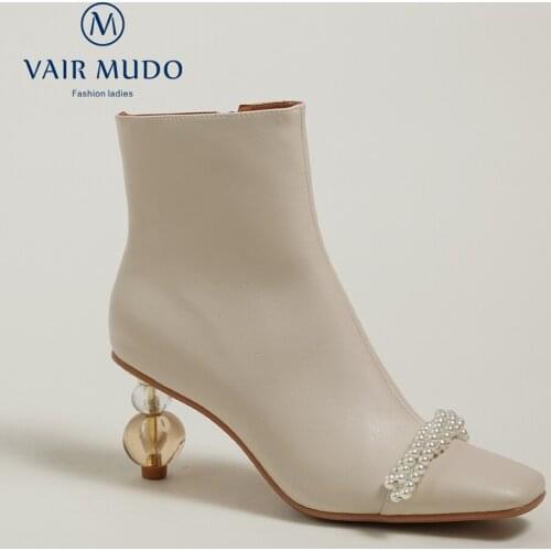VAIR MUDO Women Spring Autumn Ankle Boots High Heels Fashion Sexy Shoes Women White Black Genuine Leather String Bead WM-X168-C