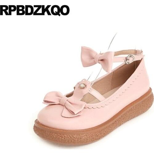 White Women Flats Large Size Kawaii Pink Muffin Elevator Heart Mary Jane 11 Bow Creepers Platform Shoes 10 Pearl Ankle Strap 34