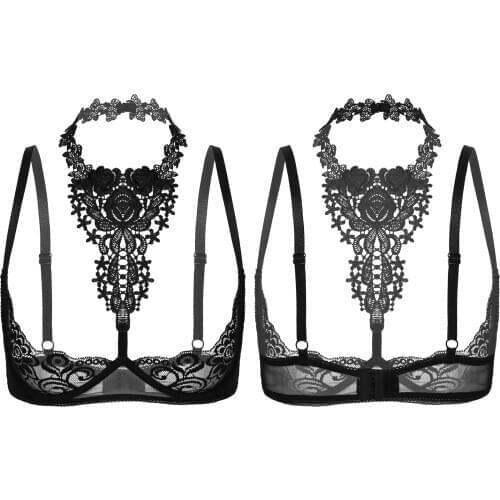 Womens Lace Bra Sexy Half Open Cup Bra See-through Lace Lingerie Underwired Unlined Bra Tops Halter Bare Breast Bralette