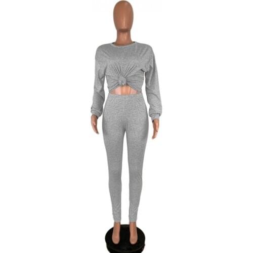 Womens 2020 Fashion Sexy Long Sleeve Two Piece Sports Suit Solid Color Top + Pencil Pants Street Hipster Nightclub Suit
