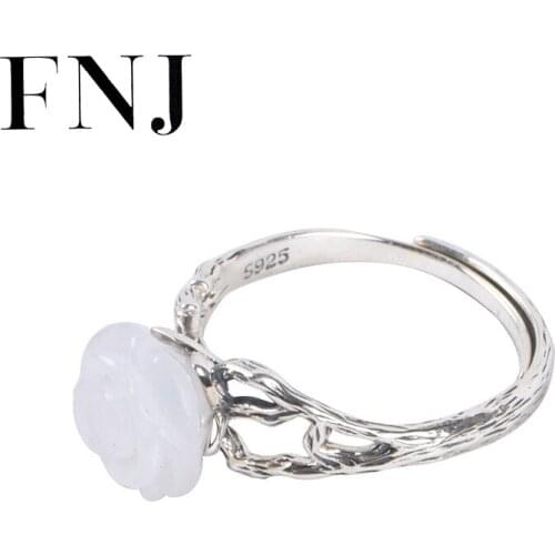 FNJ Hetian Jade Rose Ring 925 Silver New Original S925 Sterling Silver Rings for Women Jewelry Adjustable size