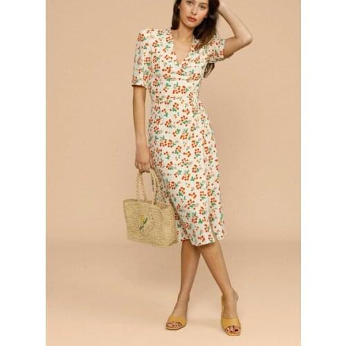 2021 Summer Women Midi Dress Retro Long Split Dress V-Neck Wrap Robes Cherry Print Puff Sleeve Waist Slim Lace Dress for Holiday