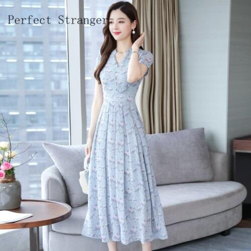2020 Summer New Arrival High Quality Elegant V Collar Flower Printed Short Sleeve Women Chiffon Long Dress