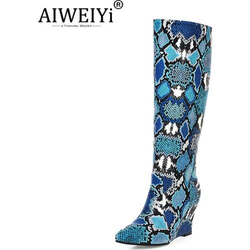 AIWEIYi Winter Knight Boots Thick High Heels Pointed Toe Boots Snake Print Fashion Runway Martin Boots Knee High Boots