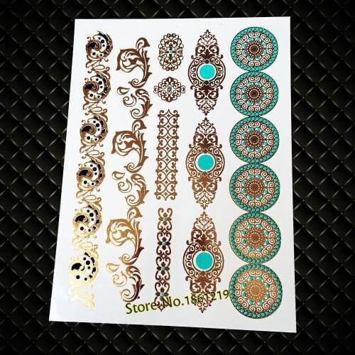 1 Sheet Flash Waterproof Tattoo Paste Gold Lady Henna GYS-46 Round Totem Blue Bracelet Fake Metallic Temporary Tattoo Stickers