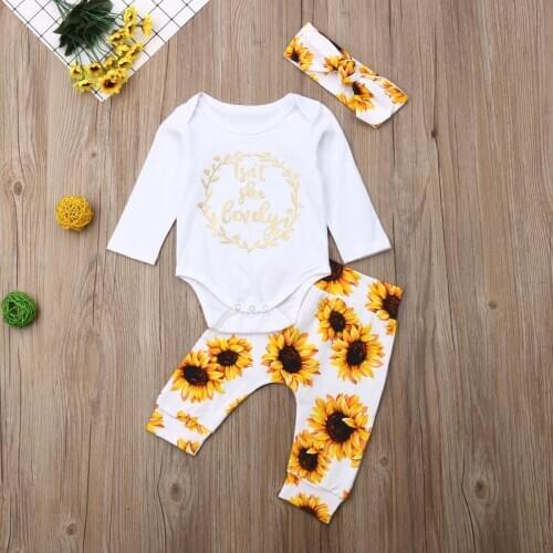 Pudcoco Newborn Baby Girl Clothes Cotton Sunflower Print Long Sleeve Romper Tops Long Pants Headband 3Pcs Outfits Clothes