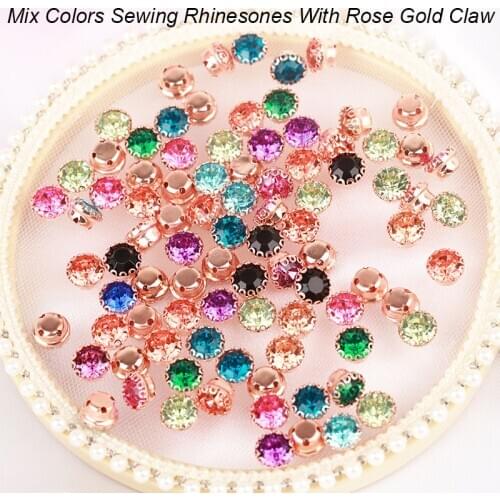 8mm Mix Colors Round Acrylic Rhinestone With Rose Gold Flower Claw Flatback Sewing Stone For Garment Accessories Decoration