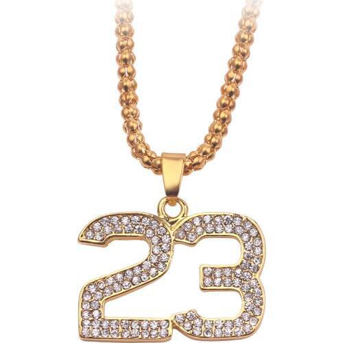Basketball Legend Number 23 Pendant Necklace Glitter Rhinestone Bling Golden Metal Hip Hop Chain Jewelry Fans Exclusive Acc