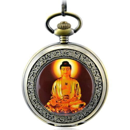 Buddha Mechanical Hand Wind Pocket Watch Men Skeleton Hollow Bronze Vintage Hand Wind Clock Necklace Pocket & Fob Watches Chain