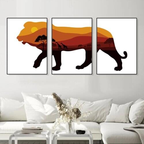 Forest And Mountain In Lion Poster Canvas Print Contemporary Painting Wall Pictures for Living Room Decoration