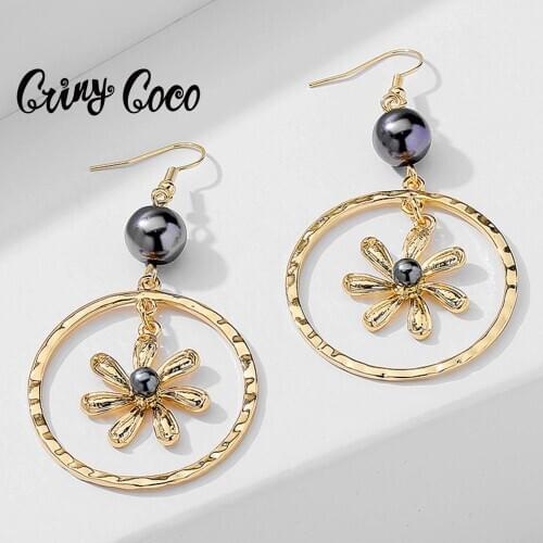 Hot Sale Hawaiian Jewelry Flowers Drop Earrings for Women Fashion Gold Color Circle Pearl Earing Earrings Bijoux Gift