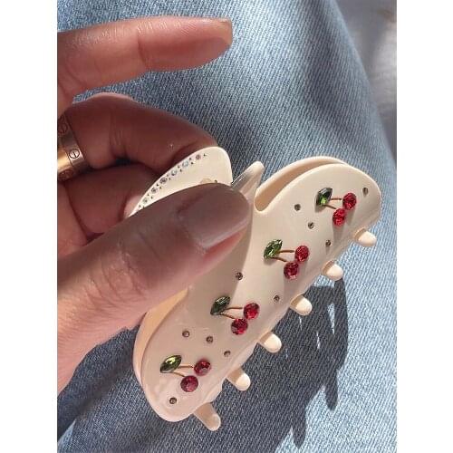 HUANZHI 2021 Vintage Romantic Rhinestone Cherry Acrylic Hair Clip Claws Hairpin Headwear for Women Makeup Bath Hair Accessories