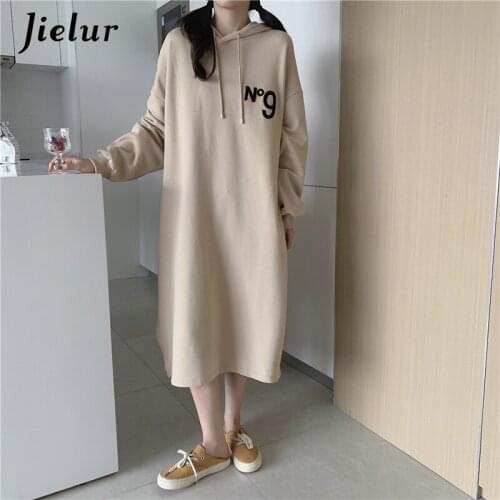 Jielur Autumn Loose Hooded Hoodies Women Thin Long Sweatshirt Dress Black Gray Khaki Cool Fashion Letter Embroidery Streetwear