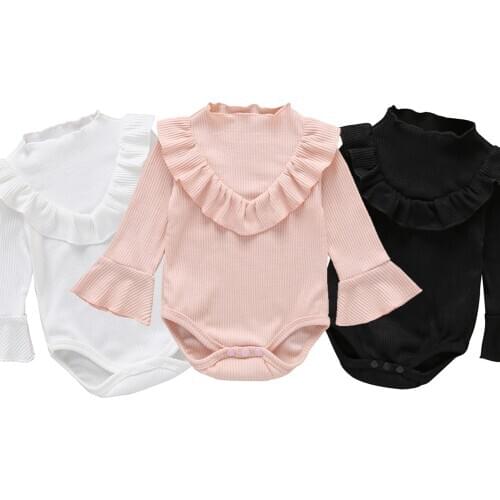 2020 Baby New Spring Autumn Clothing Newborn Girls Ribbed Jumpsuit Lace Rompers Flare Long Sleeve Clothes Solid Outfits 0-18M