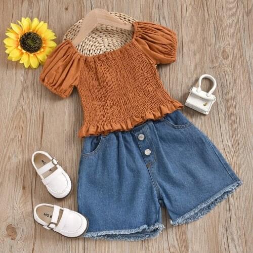 Kids Little Girls Clothing Sets Korean Summer Casual Cotton Pleats Short Sleeve Top and Denim Shorts 2Pcs for 2 3 6 Age Children