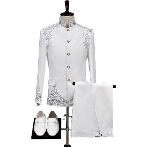 Chinese style embroidered tunic suit mens performance dress stage chorus host performance suit fake pocket/ suit for men
