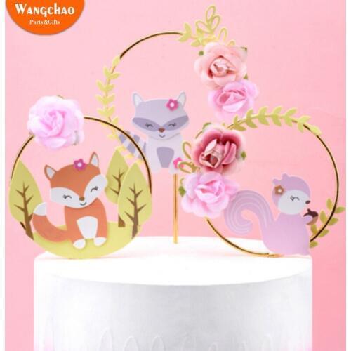 Creative Forest Animal Theme Cake Topper Fox Squirrel Flower Wreath Garland Cake Decoration Kids Favors Birthday Party Supplies