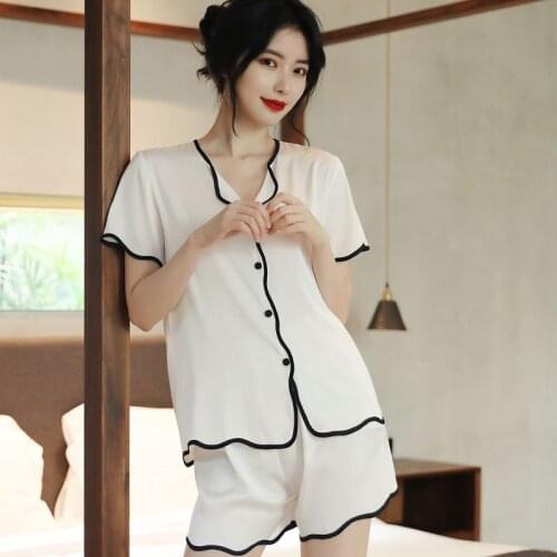 Summer Womens Ice Silk Pajamas Solid Casual Short Sleeve Sleepwear For Ladies V-neck Lounge Home Cardigan Shorts Suit 2 Pieces
