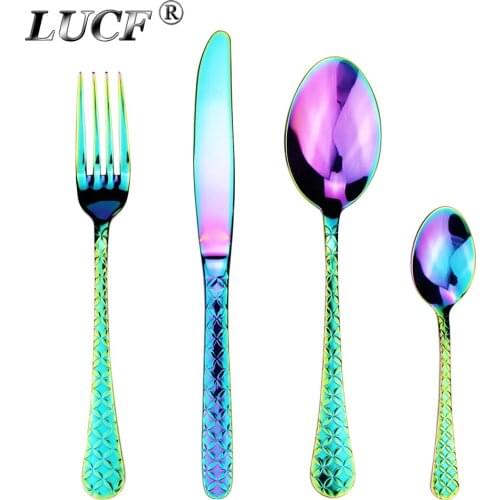 LUCF 4 Pcs/Set Stainless Steel Western Luxury Cutlery Set floral texture on handle elegant Dinnerware Sets Restaurant recommend