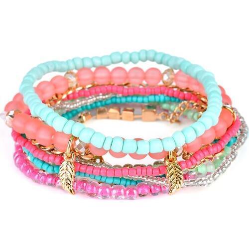 Lureme Womens Bohemian Beads Leaf Charms Multi Strand Textured Bracelet Set Jewelry Accessories pulseras (bl003071)