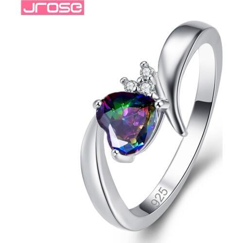 JROSE Fashion Love Heart Wedding Rainbow & Blue & White Cubic Zircon Engagement Silver Ring Size 6 7 8 9 Christmas Gifts