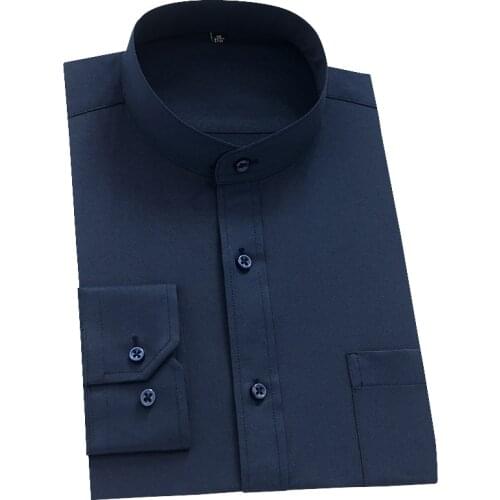 Mens Mandarin Collar Long-Sleeved Shirts Vintage Chinese Stand-Collar Casual Regular Shirt